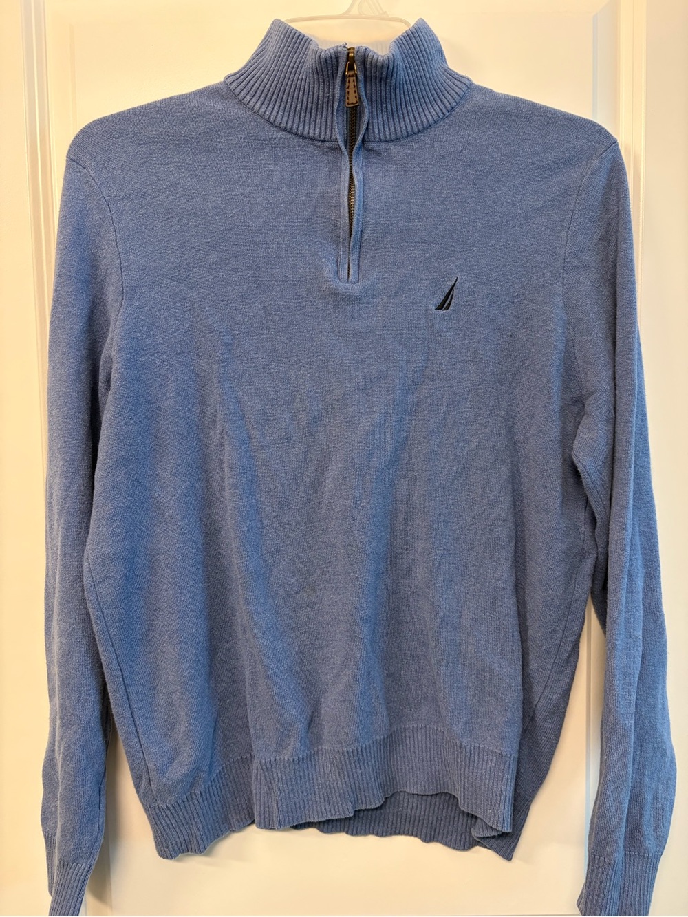 Nautica Sweater Mens Large Blue 1/4 Zip Mock Neck Cotton Pullover Knit Logo